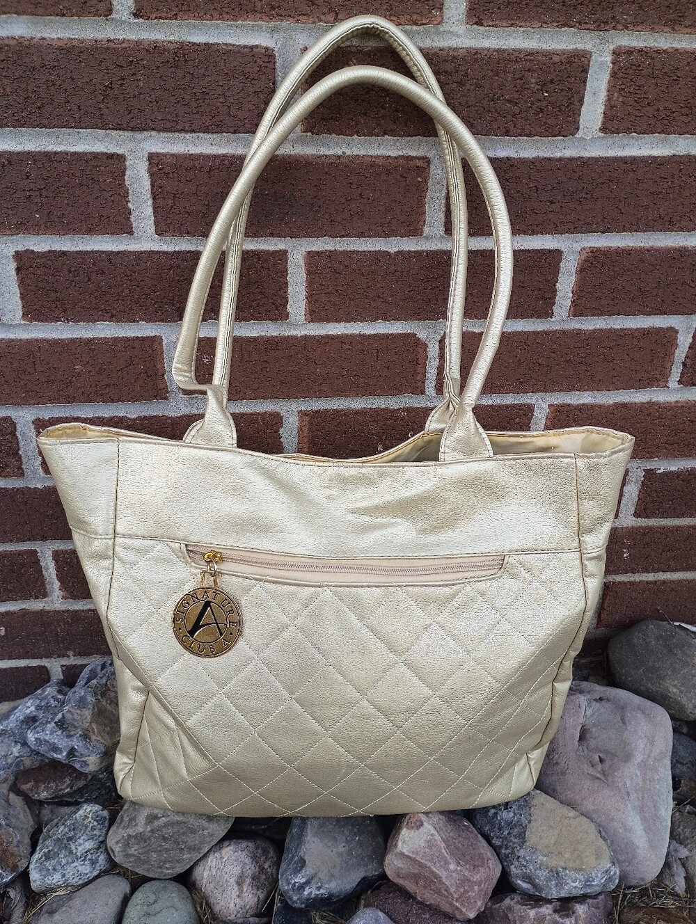 Quilted Metallic Gold Signature A Club Tote Bag with Charm